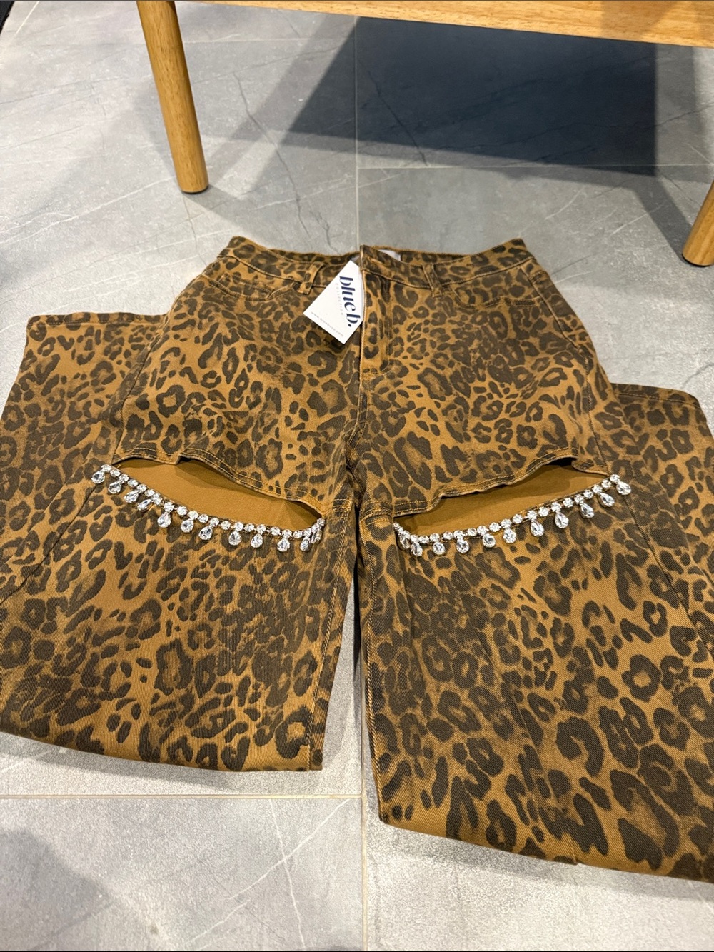 Leopard Print Wide Leg Jeans with Rhinestone Trim - Brown